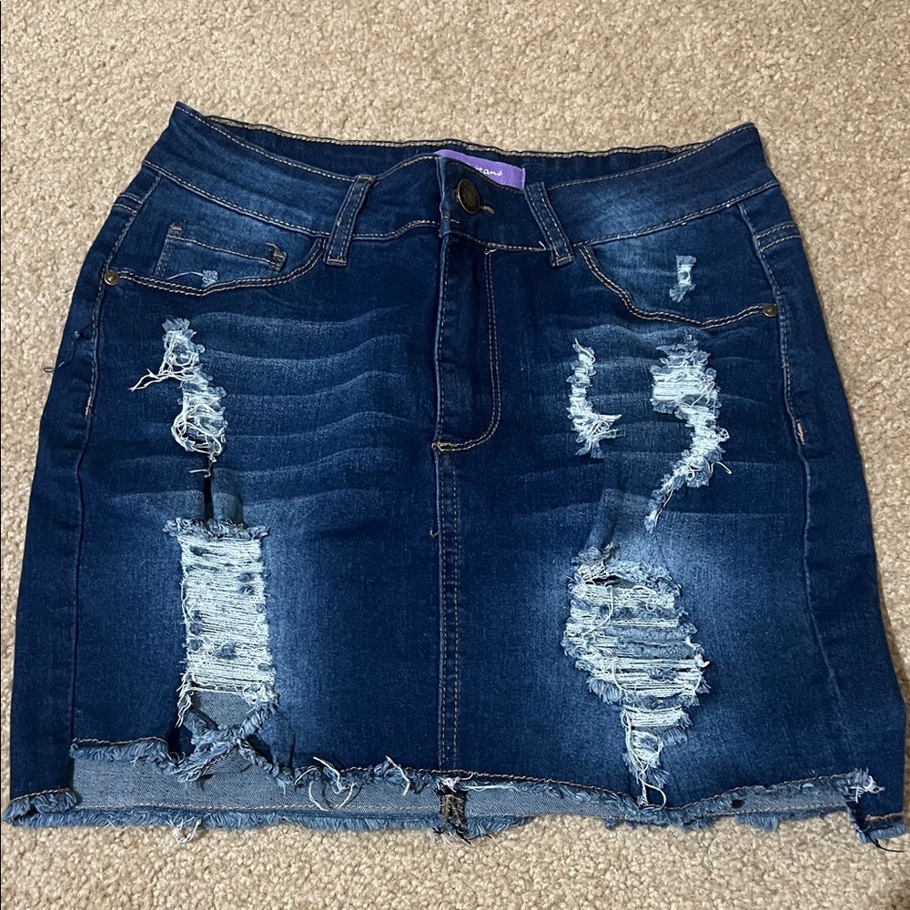 BAMBOO Dark Blue Distressed Denim Mini Skirt